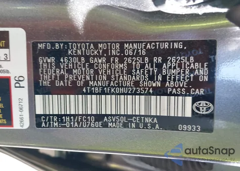 2017 Toyota Camry Le/Xle/Se/Xse from USA, damaged, VIN 4T1BF1FK0HU273574
